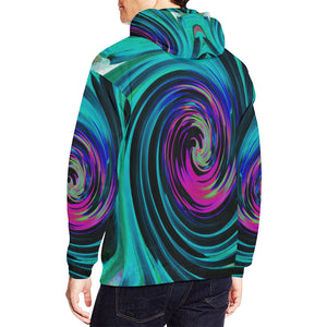 Hoodies for Men, Dramatic Black and Turquoise Abstract Retro Twirl