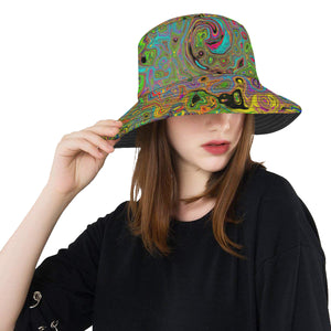 Bucket Hats, Groovy Abstract Retro Lime Green and Blue Swirl
