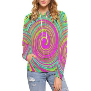 Hoodies for Women, Groovy Abstract Pink and Turquoise Swirl with Flowers