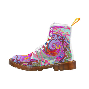 Colorful Boots for Women, Groovy Abstract Retro Hot Pink and Blue Swirl, White