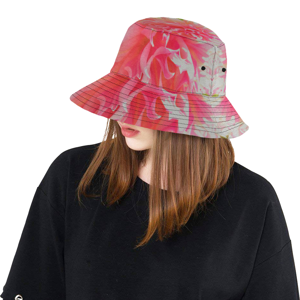 Bucket Hats, Elegant Coral and Pink Decorative Dahlia