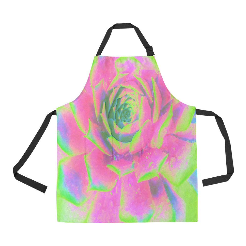 Apron with Pockets, Lime Green and Pink Succulent Sedum Rosette