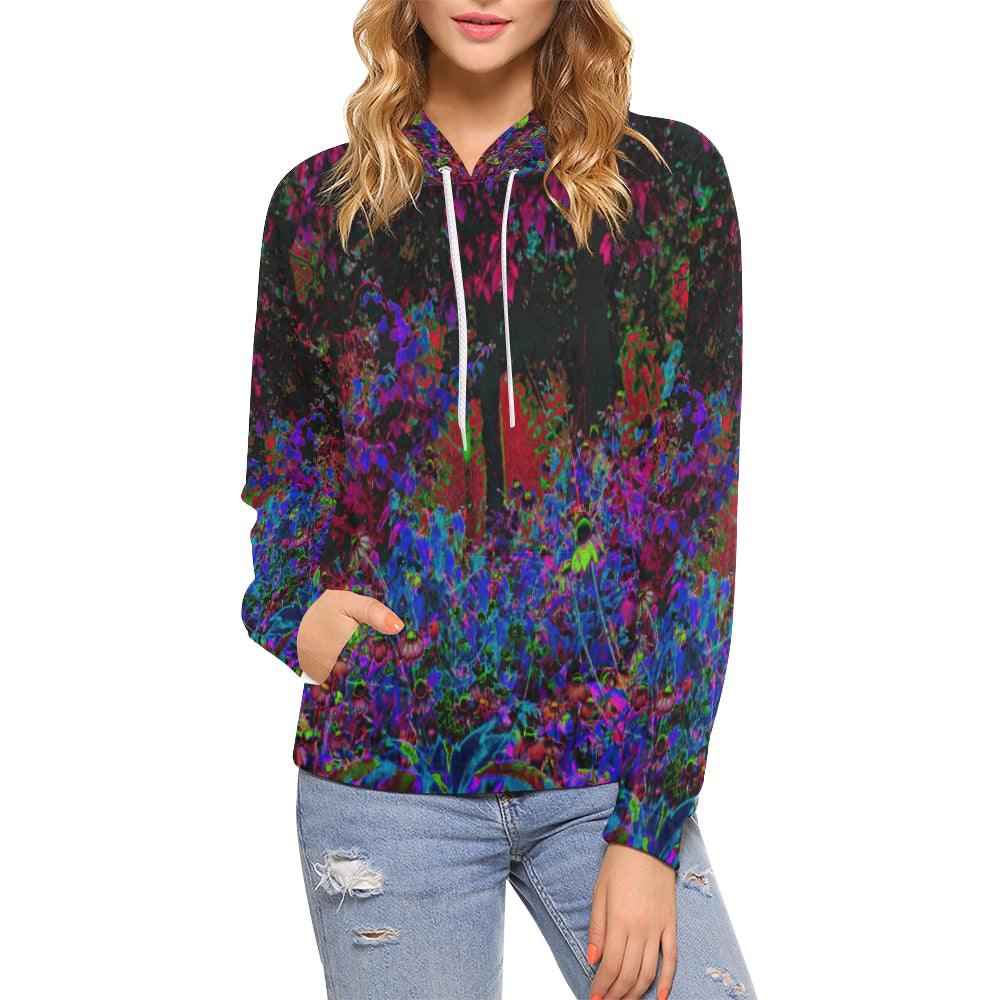 Hoodies for Women, Psychedelic Crimson Red and Black Garden Sunrise