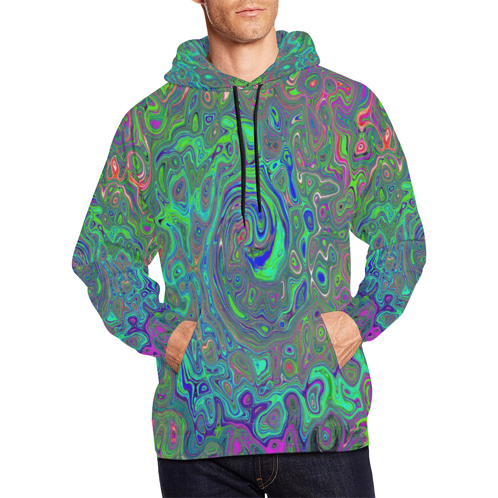 Hoodies for Men, Trippy Chartreuse and Blue Retro Liquid Swirl