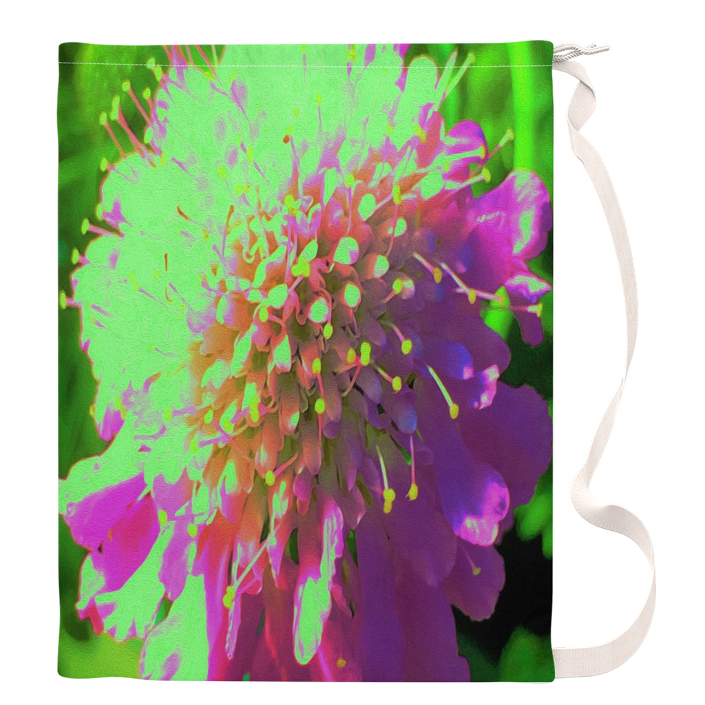 Large Laundry Bags, Abstract Pincushion Flower in Lime Green and Purple