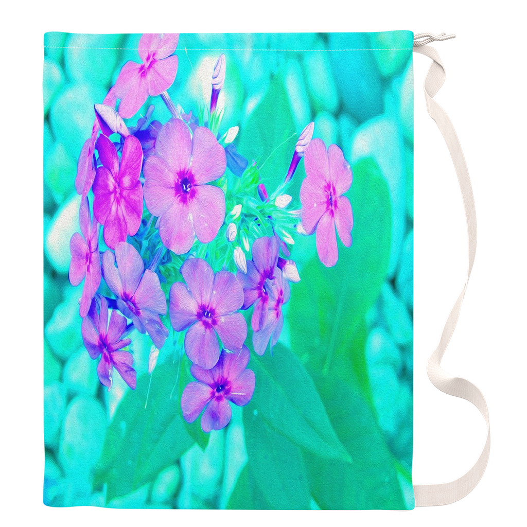 Floral Laundry Bags, Pretty Pink Garden Phlox Flower on Aquamarine - Large