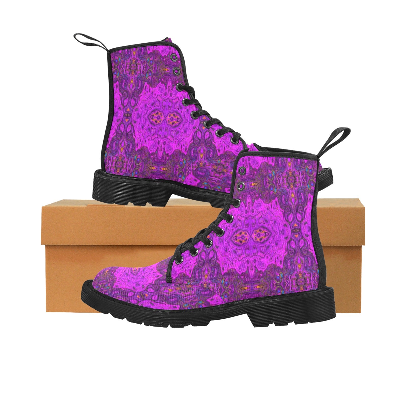 Boots for Women, Abstract Magenta and Black Groovy Pattern - Black