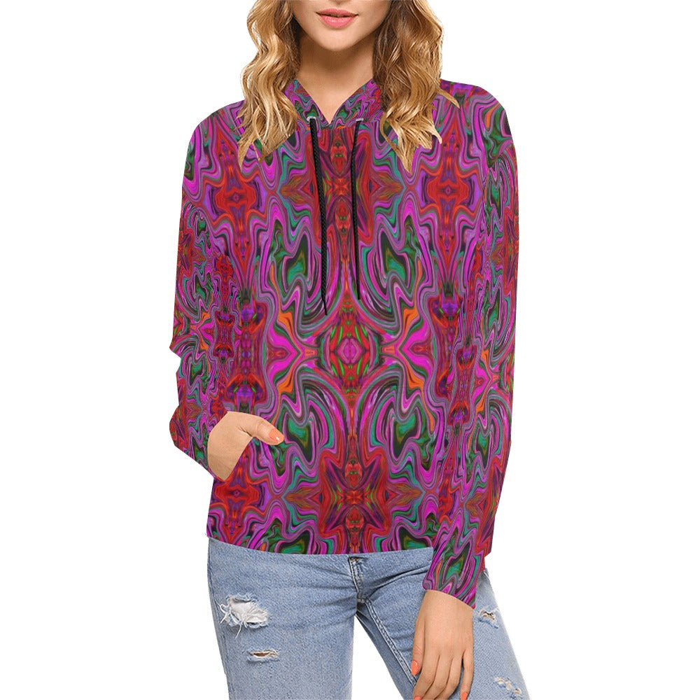 Hoodies for Women, Cool Trippy Magenta, Red and Green Wavy Pattern