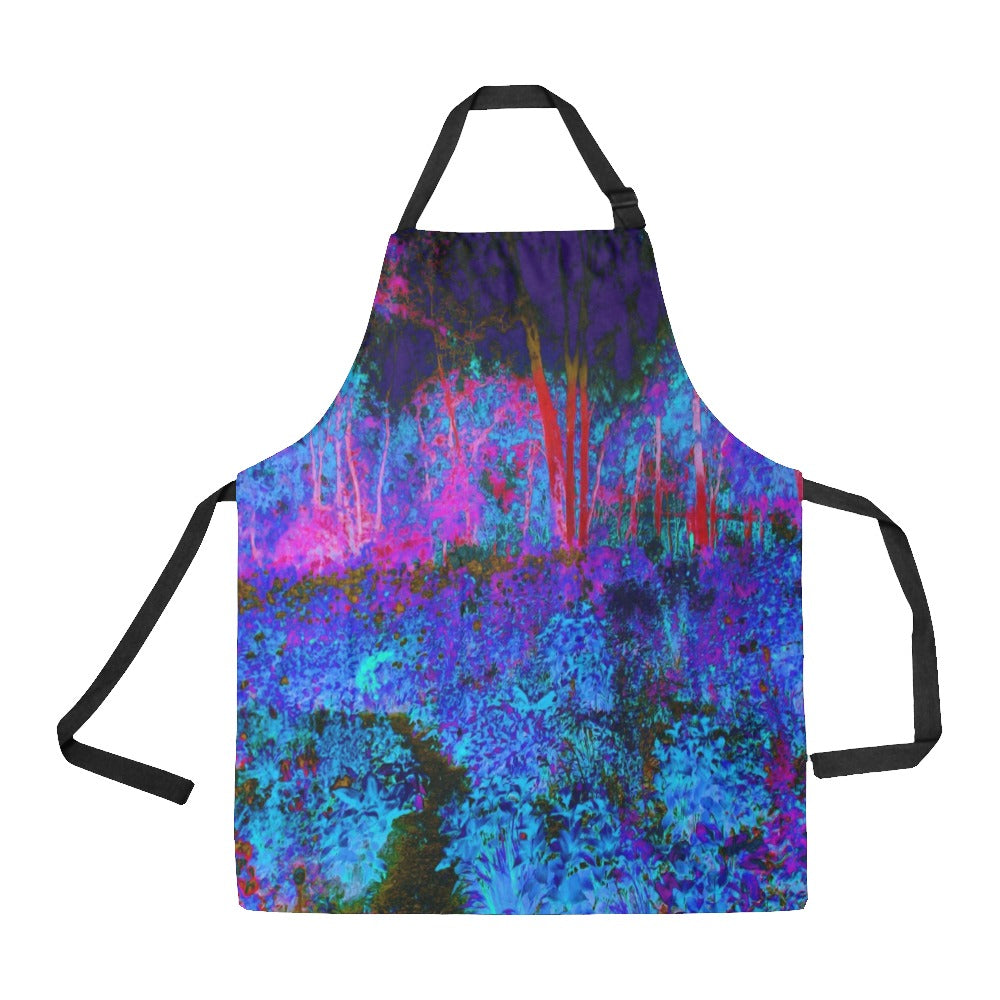 Apron with Pockets, Impressionistic Dark Blue and Red Garden Landscape