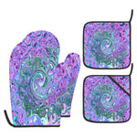 Oven Mitts and Pot Holders Set, Groovy Abstract Retro Green and Purple Swirl