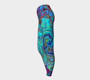 Colorful Artsy Leggings for Women, Trippy Sky Blue Abstract Retro Liquid Swirl