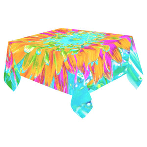 Tablecloth for Rectangular Tables, Tropical Orange and Hot Pink Decorative Dahlia - 70 by 52"