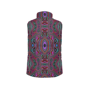 Women's Stand Collar Vest, Trippy Seafoam Green and Magenta Abstract Pattern