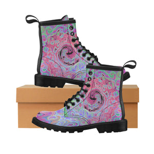 Lace Up Boots for Women - Pink and Lime Green Groovy Abstract Retro Swirl