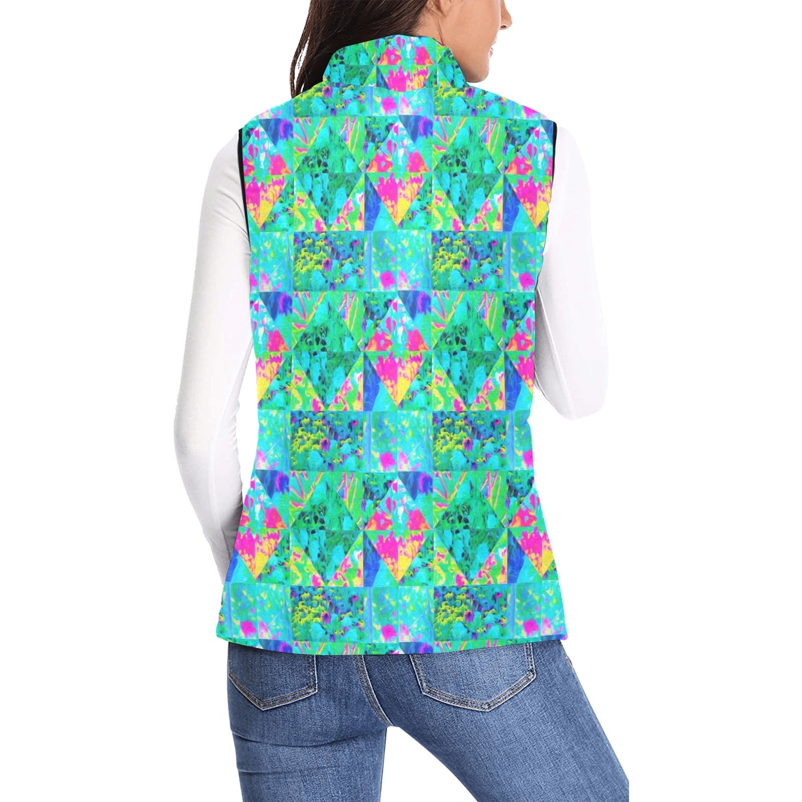Women's Stand Collar Vest, Garden Quilt Painting with Hydrangea and Blues