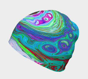Beanie Hats, Retro Green, Red and Magenta Abstract Groovy Swirl