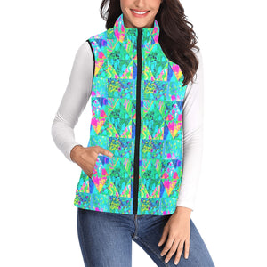 Women's Stand Collar Vest, Garden Quilt Painting with Hydrangea and Blues