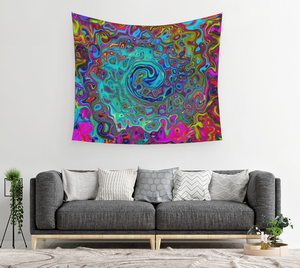 Artsy Wall Tapestry, Trippy Sky Blue Abstract Retro Liquid Swirl