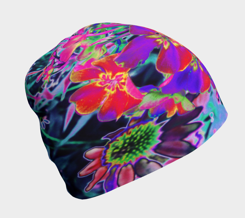 Beanie Hats, Dramatic Psychedelic Colorful Red and Purple Flowers