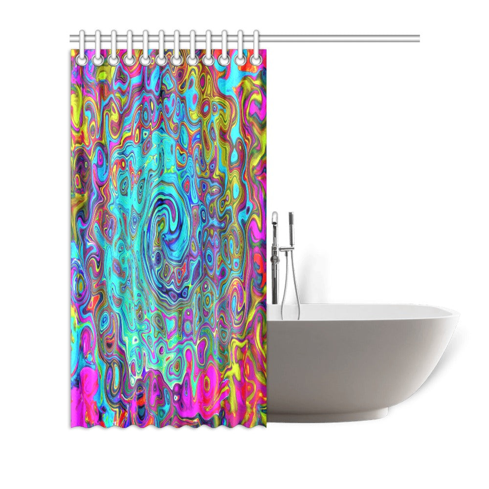 Shower Curtains, Trippy Sky Blue Abstract Retro Liquid Swirl - 72 by 72