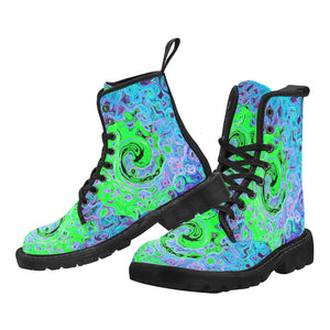Boots for Women, Lime Green Groovy Abstract Retro Liquid Swirl - Black