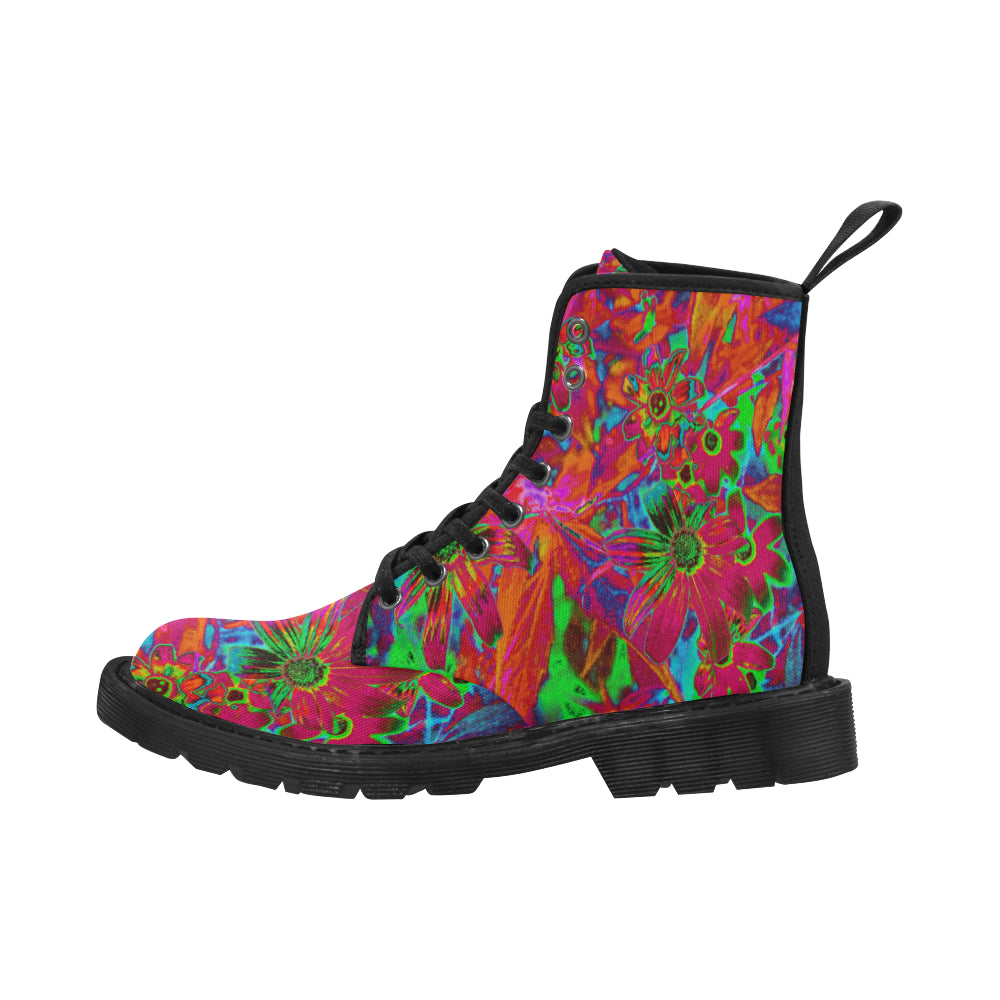 Boots for Women, Psychedelic Groovy Red and Green Wildflowers