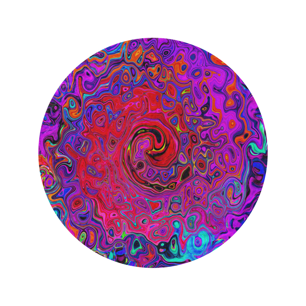 Round Throw Blankets, Trippy Red and Purple Abstract Retro Liquid Swirl