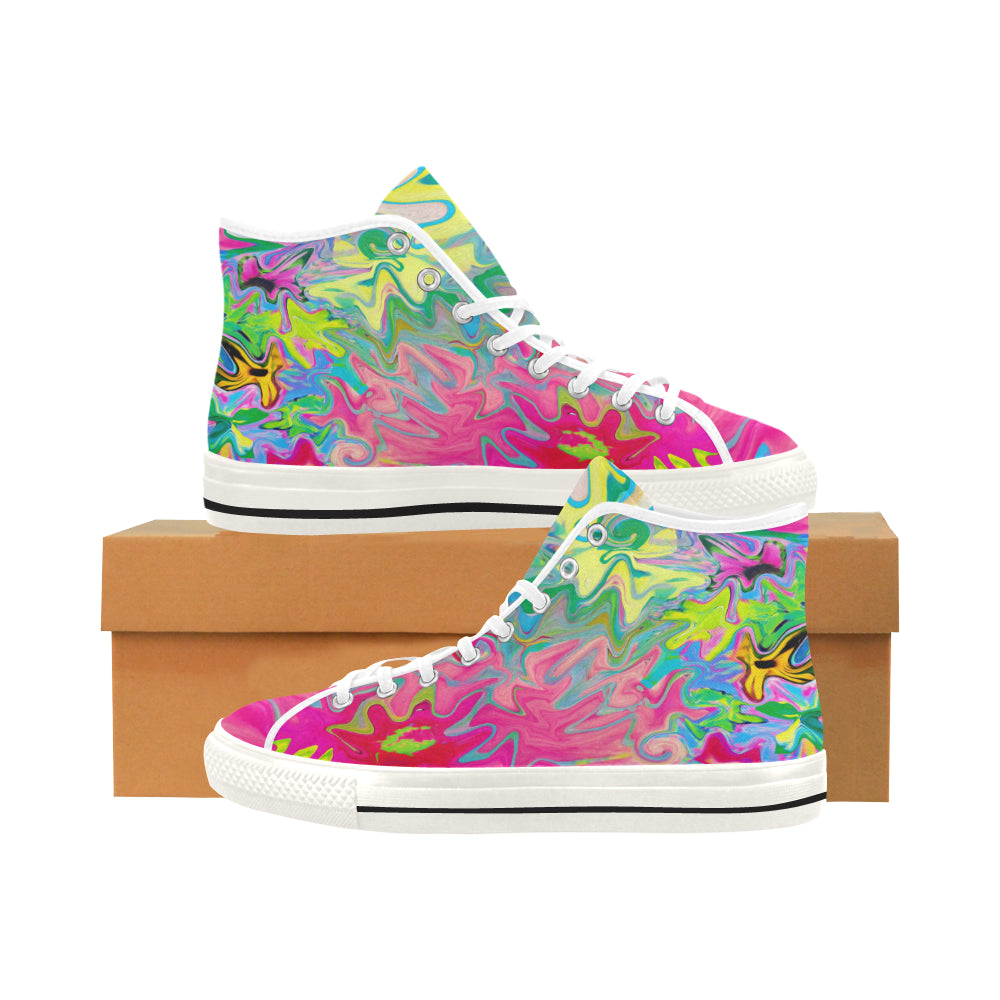 Colorful High Top Sneakers for Women, Colorful Flower Garden Abstract Collage, White