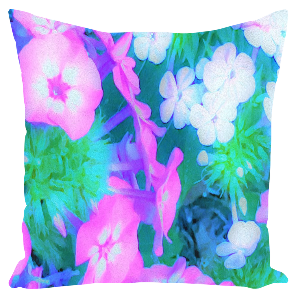 Decorative Throw Pillows, Pink, Green, Blue and White Garden Phlox Flowers - Square