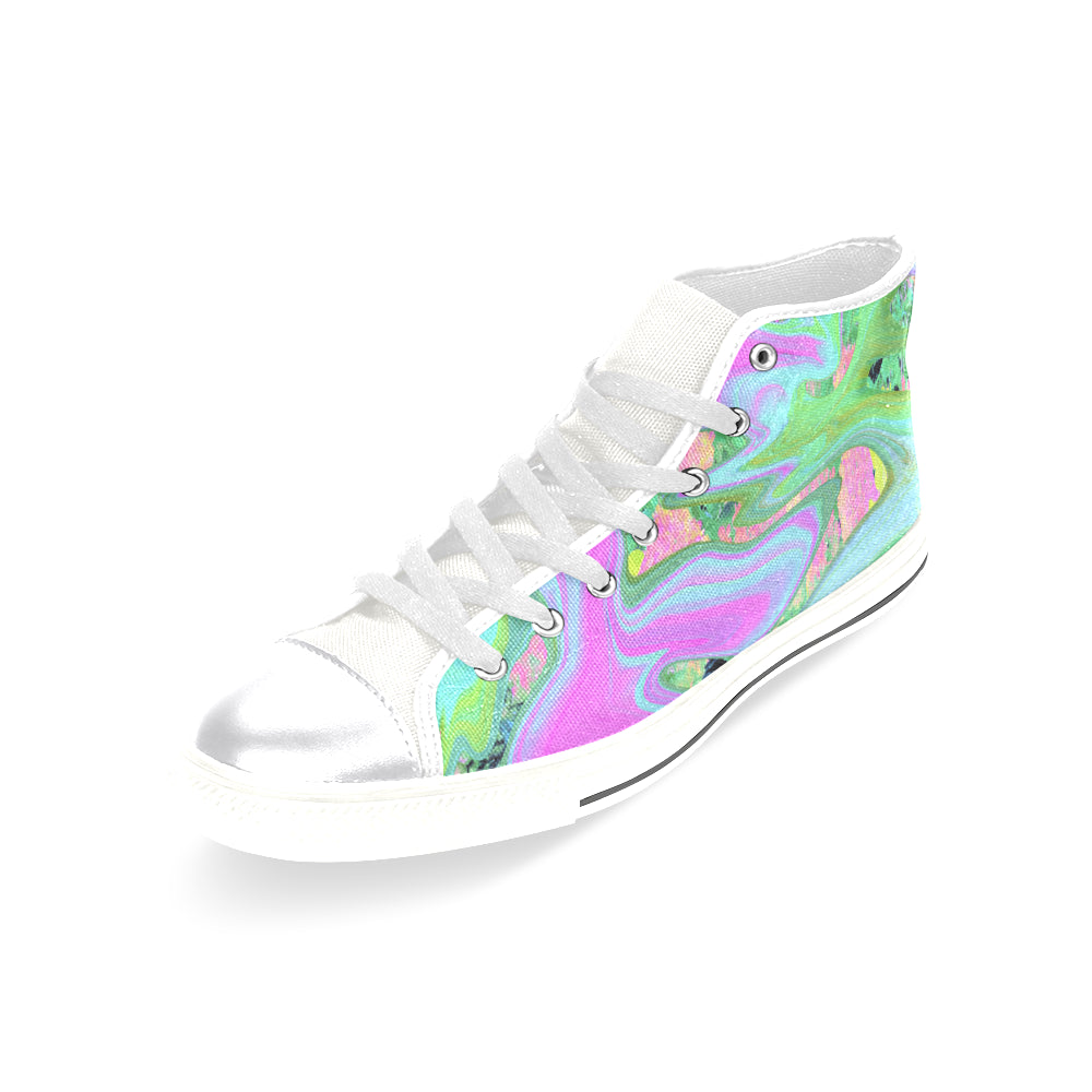High Top Sneakers for Women, Retro Pink and Light Blue Liquid Art on Hydrangea - White