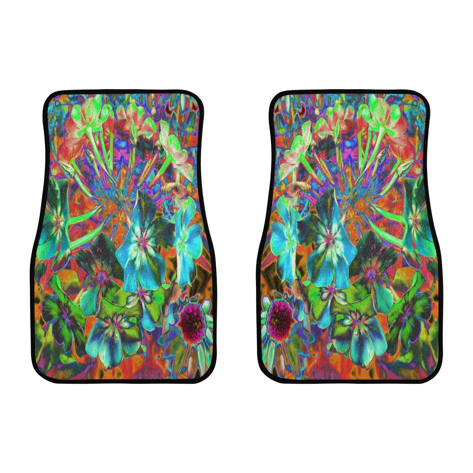 Car Floor Mats - Blooming Abstract Blue and Lime Green Flower - Front Set of 2
