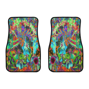 Car Floor Mats - Blooming Abstract Blue and Lime Green Flower - Front Set of 2