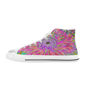 High Top Sneakers for Women, Colorful Rainbow Abstract Decorative Dahlia Flower