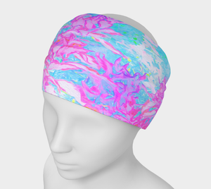 Wide Fabric Headband, Aqua Blue and Hot Pink Hydrangea Landscape, Face Covering