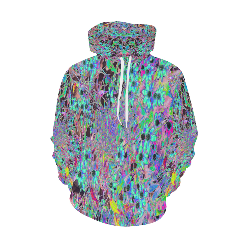 Hoodies for Women, Purple Garden with Psychedelic Aquamarine Flowers