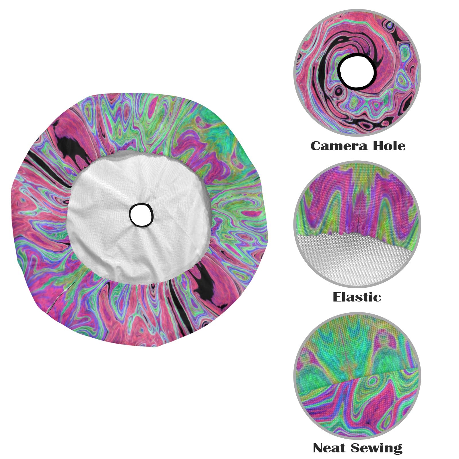 Spare Tire Cover with Backup Camera Hole - Pink and Lime Green Groovy Abstract Retro Swirl - Small