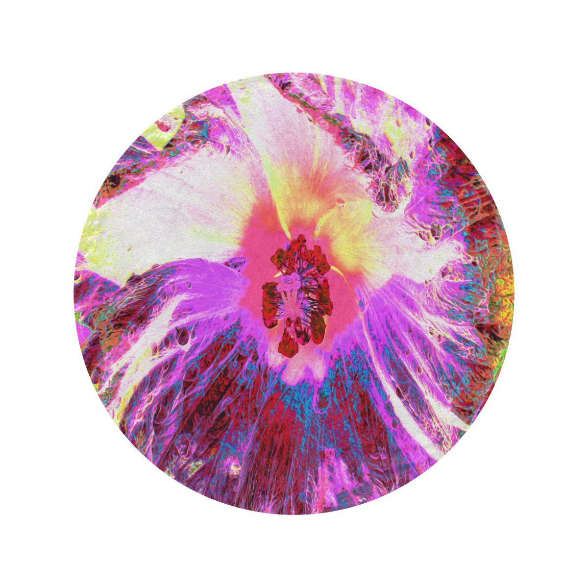 Round Fleece Blankets, Psychedelic Trippy Rainbow Colors Hibiscus Flower