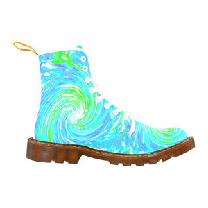 Boots for Women, Cool Abstract Retro Aqua and Lime Green Floral Swirl - White