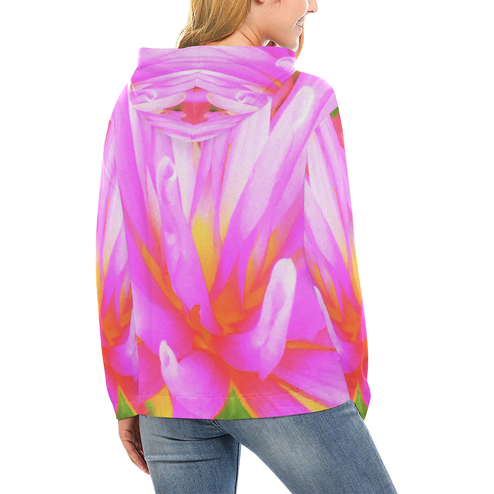 Hoodies for Women, Fiery Hot Pink and Yellow Cactus Dahlia Flower