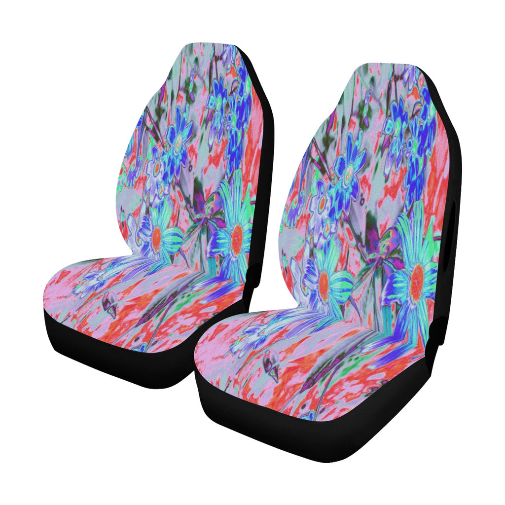Car Seat Covers, Retro Psychedelic Aqua and Orange Flowers
