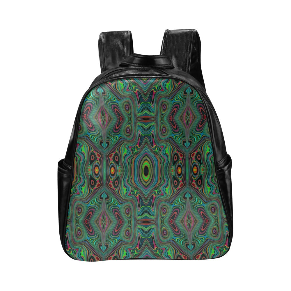 Backpack, Trippy Retro Black and Lime Green Abstract Pattern - Faux Leather
