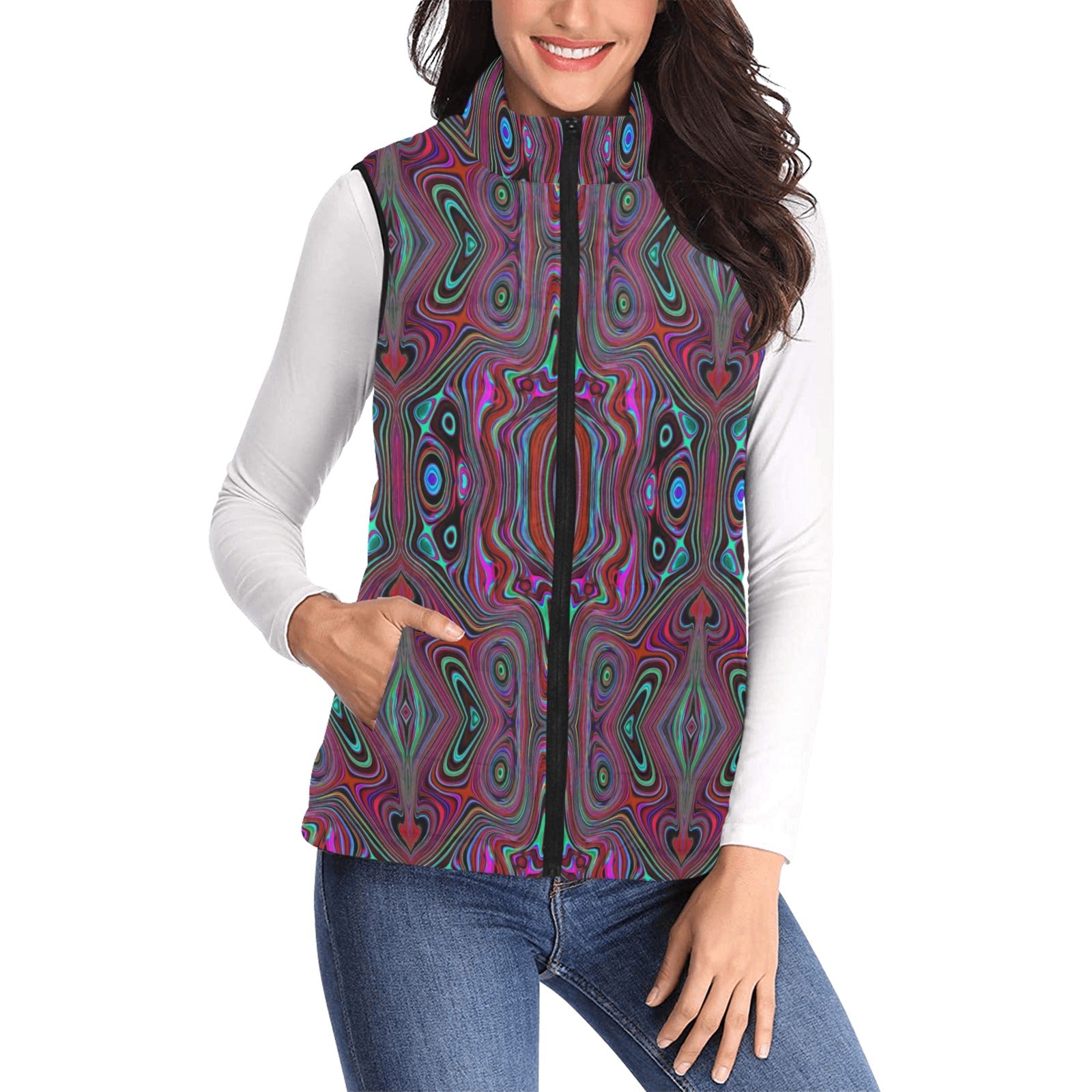 Women's Stand Collar Vest, Trippy Seafoam Green and Magenta Abstract Pattern