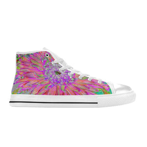 High Top Sneakers for Women, Colorful Rainbow Abstract Decorative Dahlia Flower