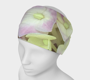 Wide Fabric Headband, Antique White and Dusty Pink Hydrangea Petals, Face Covering