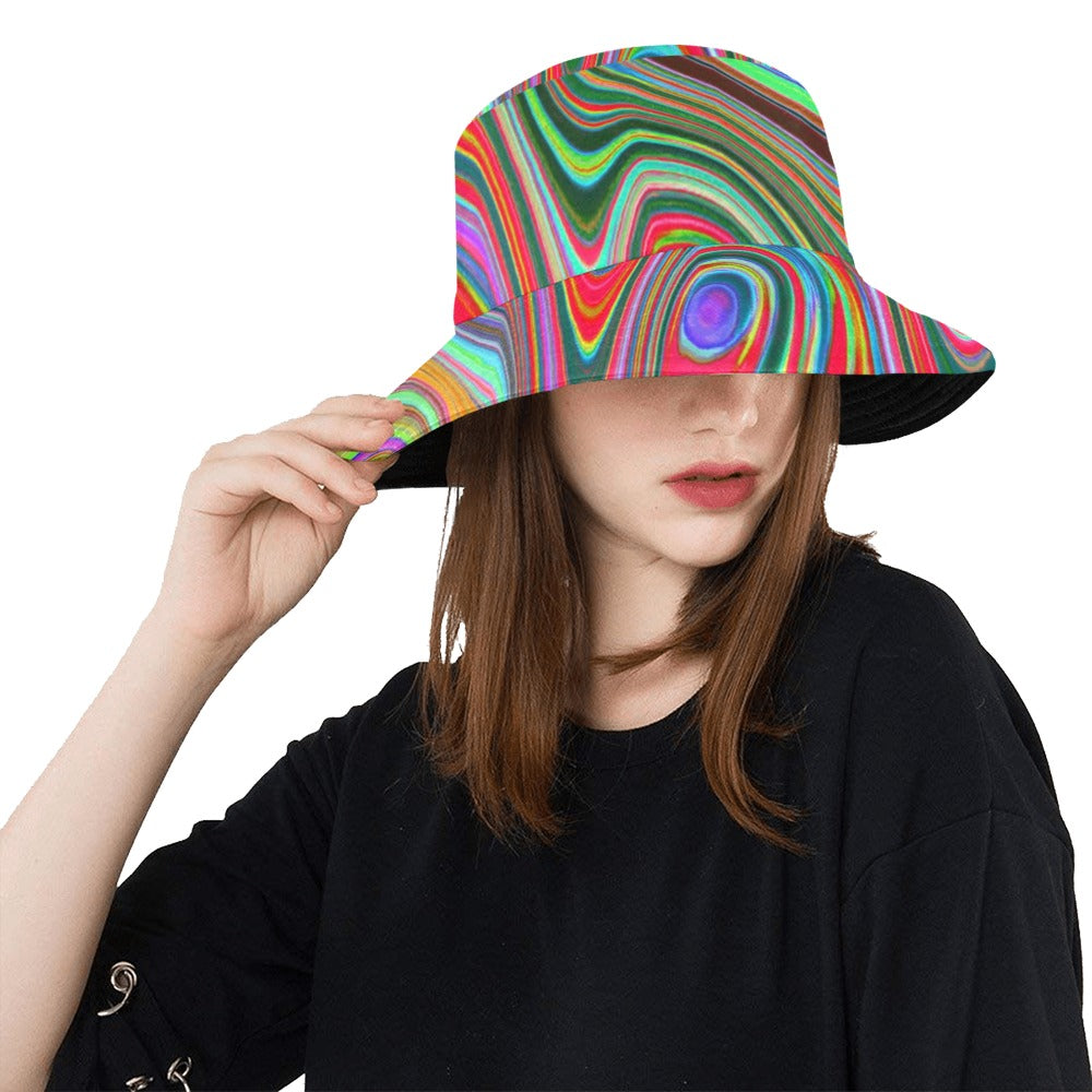 Bucket Hats, Trippy Red, Green and Blue Abstract Groovy Art