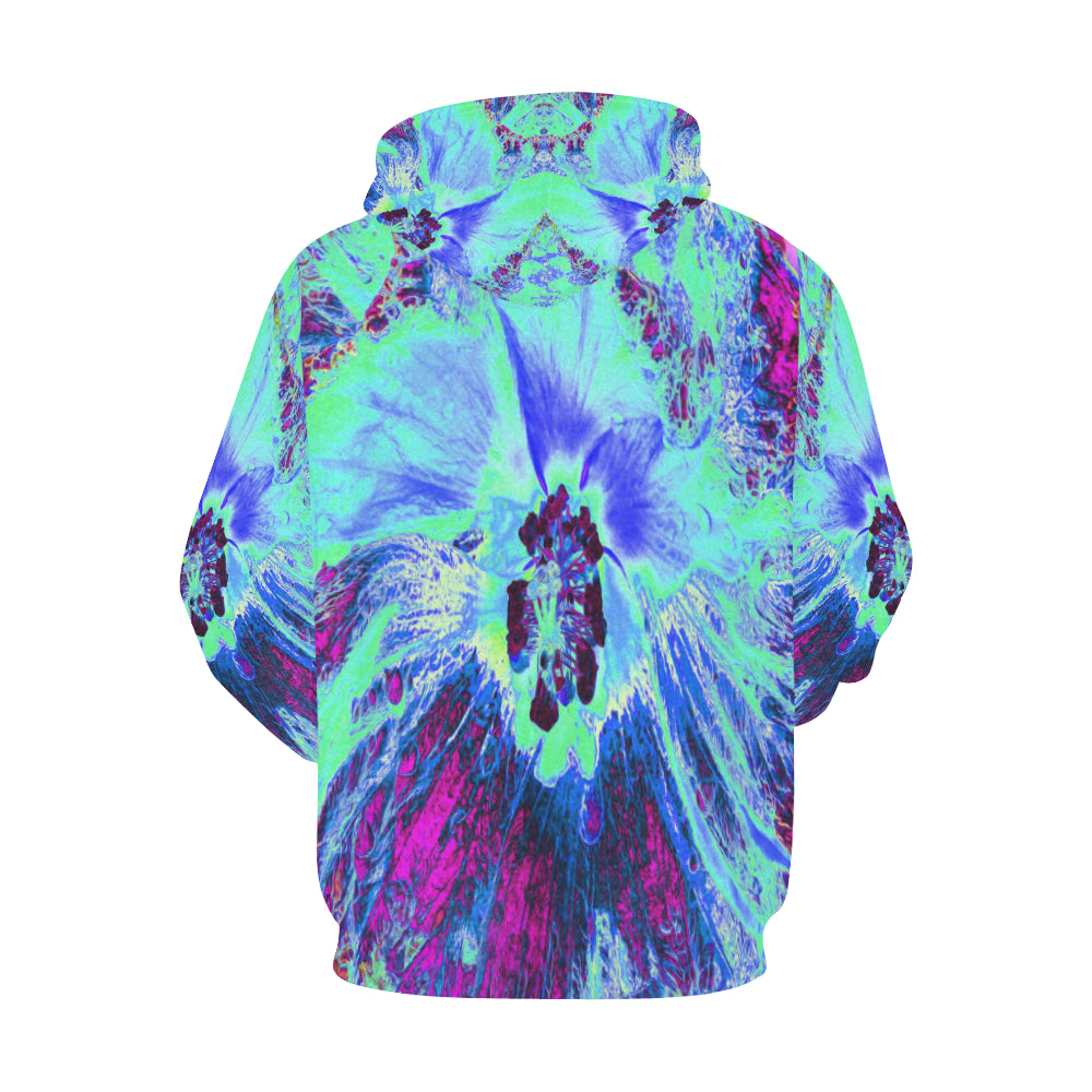 Hoodies for Women, Psychedelic Retro Green and Blue Hibiscus Flower