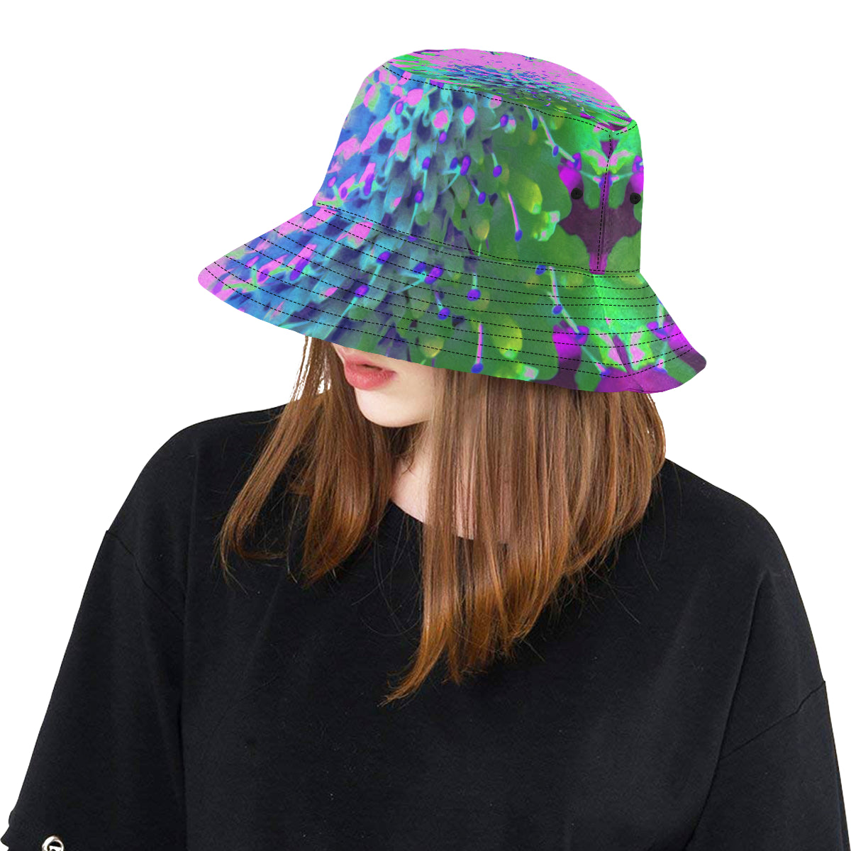 Bucket Hat, Abstract Pincushion Flower in Pink Blue and Green, Colorful Hat for Women