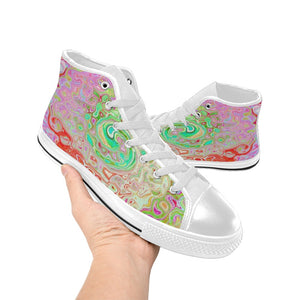 High Top Sneakers for Women, Groovy Abstract Retro Pastel Green Liquid Swirl - White