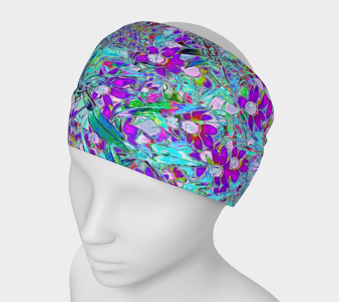 Wide Fabric Headband, Aqua Garden with Violet Blue and Hot Pink Flowers, Face Covering