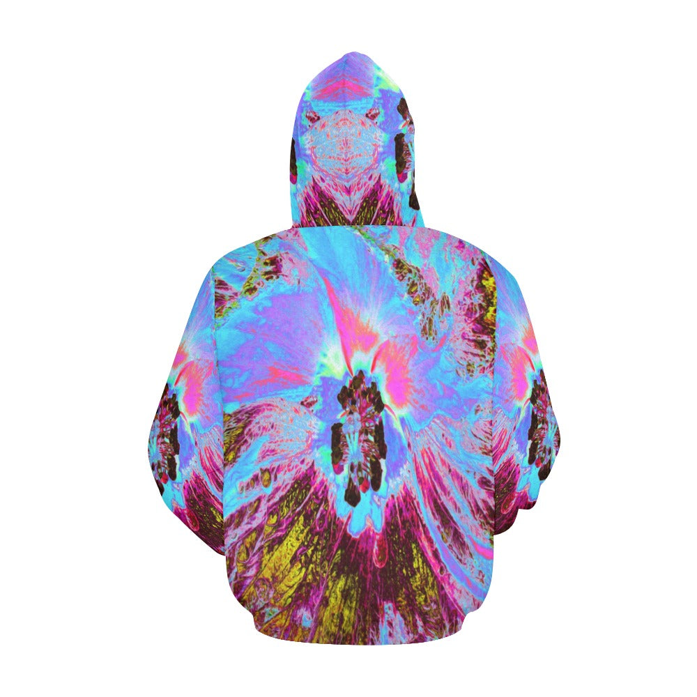 Hoodies for Women, Psychedelic Cornflower Blue and Magenta Hibiscus